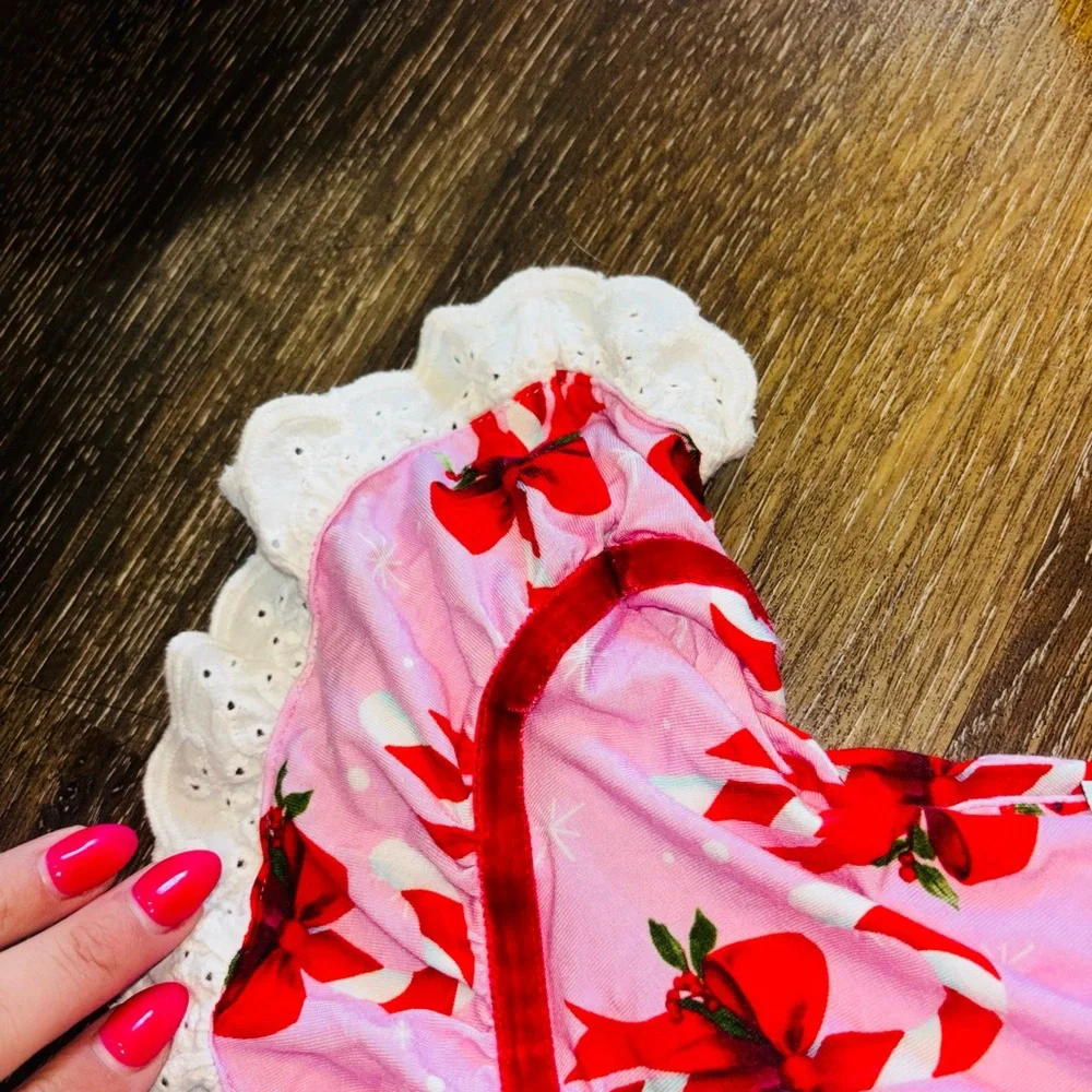 Bums & Roses Bamboo Pink Holiday Bow Print Twirl Dress